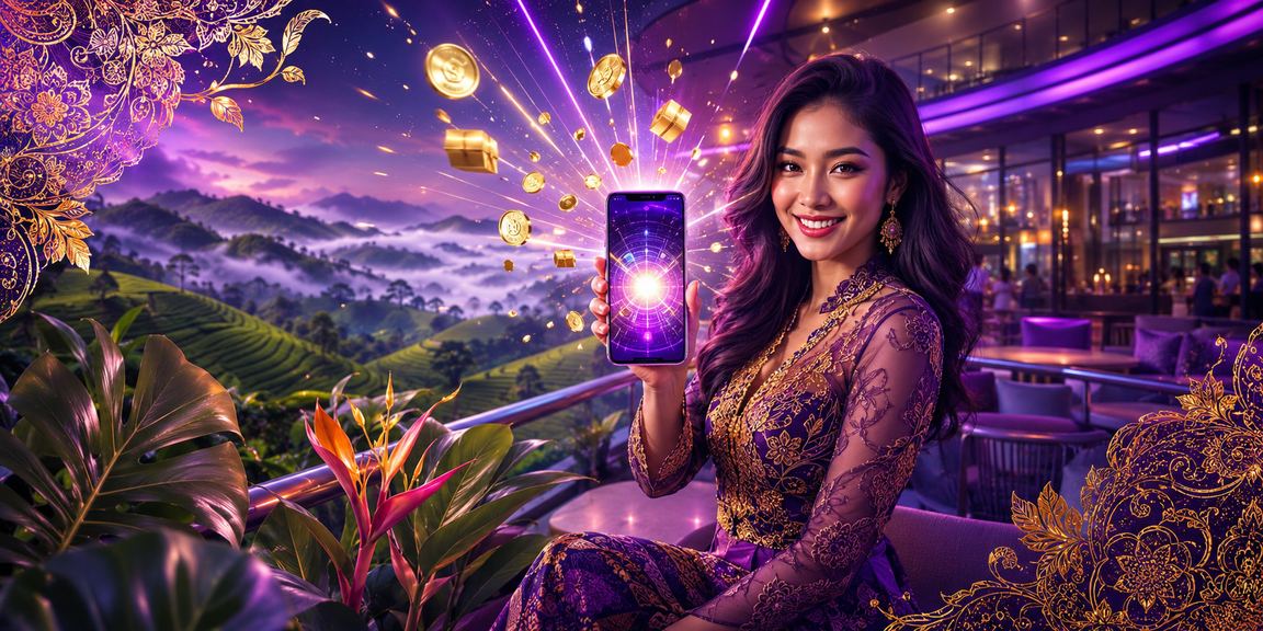 Pengguna Malaysia dengan pakaian batik menggunakan aplikasi pertaruhan sukan 10200 di telefon pintar